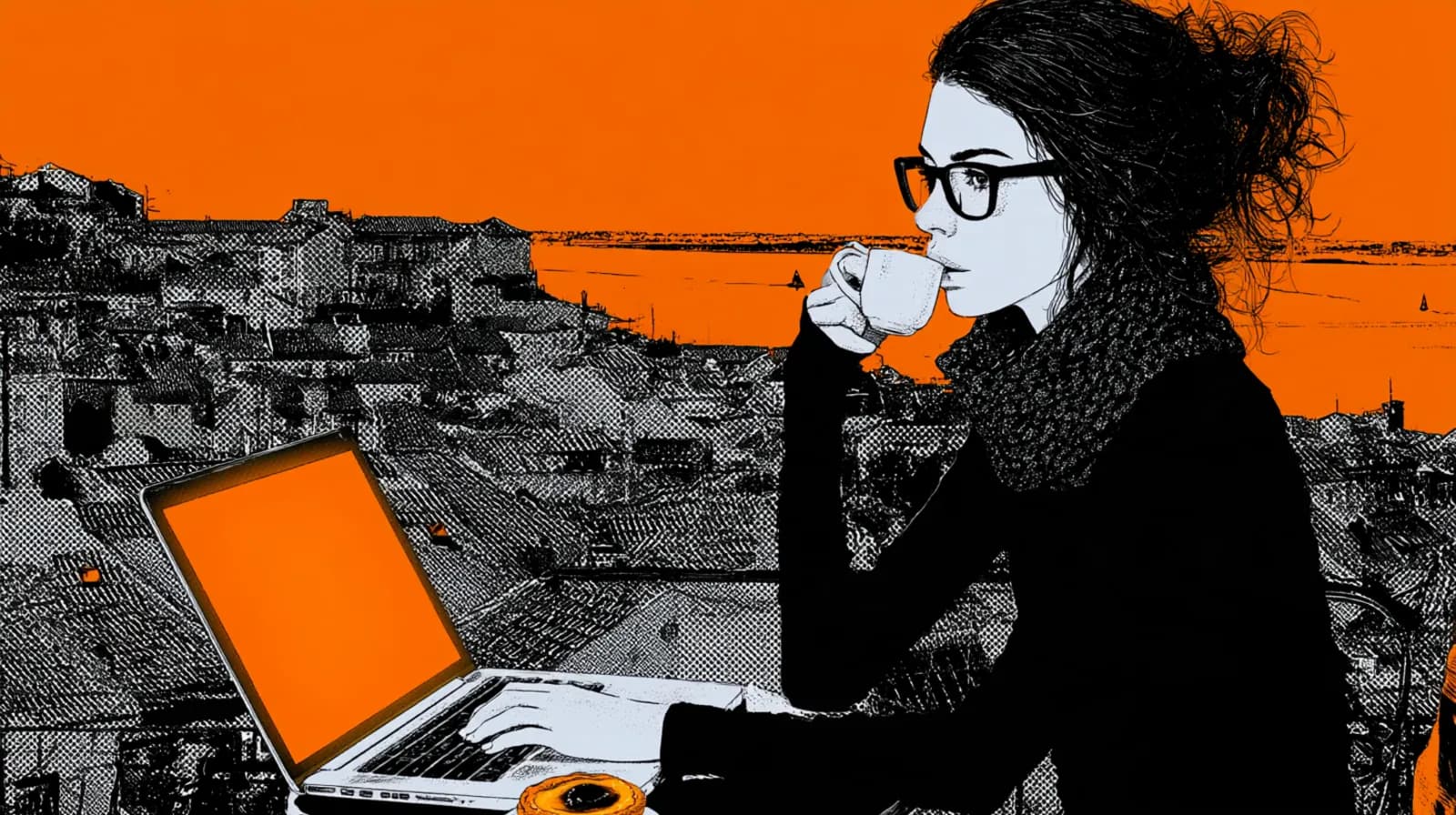 A woman founder at a rooftop café in Lisbon, tiled roofs and the river behind, laptop and pastel de nata, drawn in black ink with orange accents