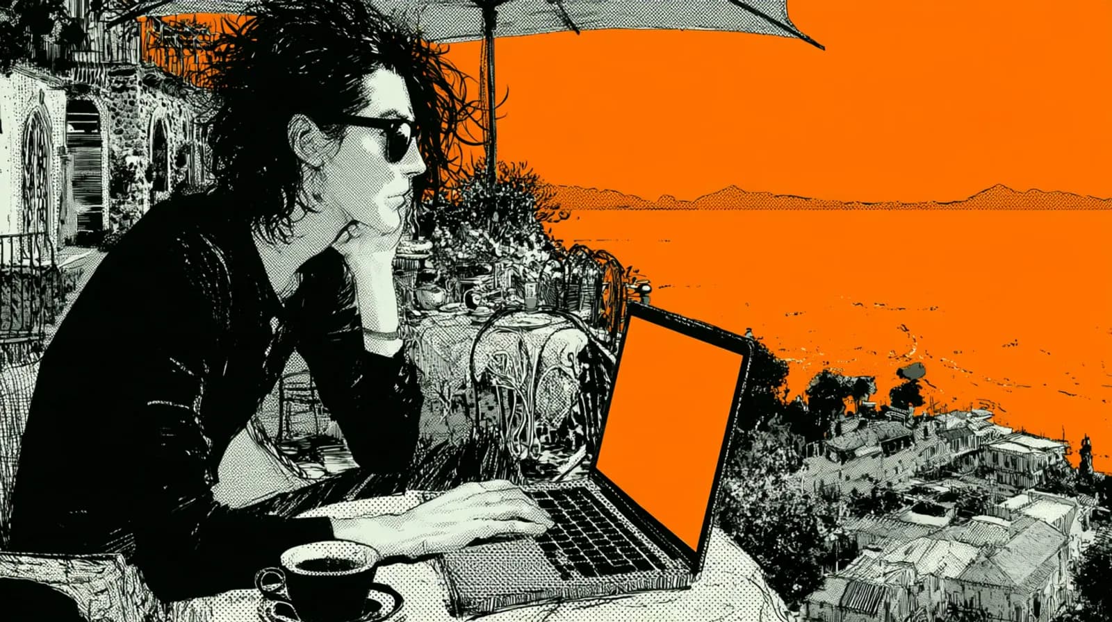 A founder on a sunlit villa terrace above the Amalfi coast, laptop open, espresso, sea far below, drawn in black ink with orange accents