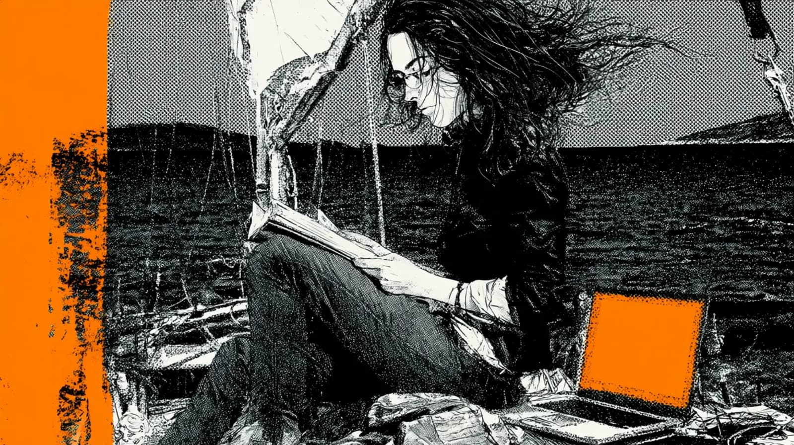 A woman founder reading on a sailboat deck off a Greek island, laptop beside her, wind in her hair, drawn in black ink with orange accents