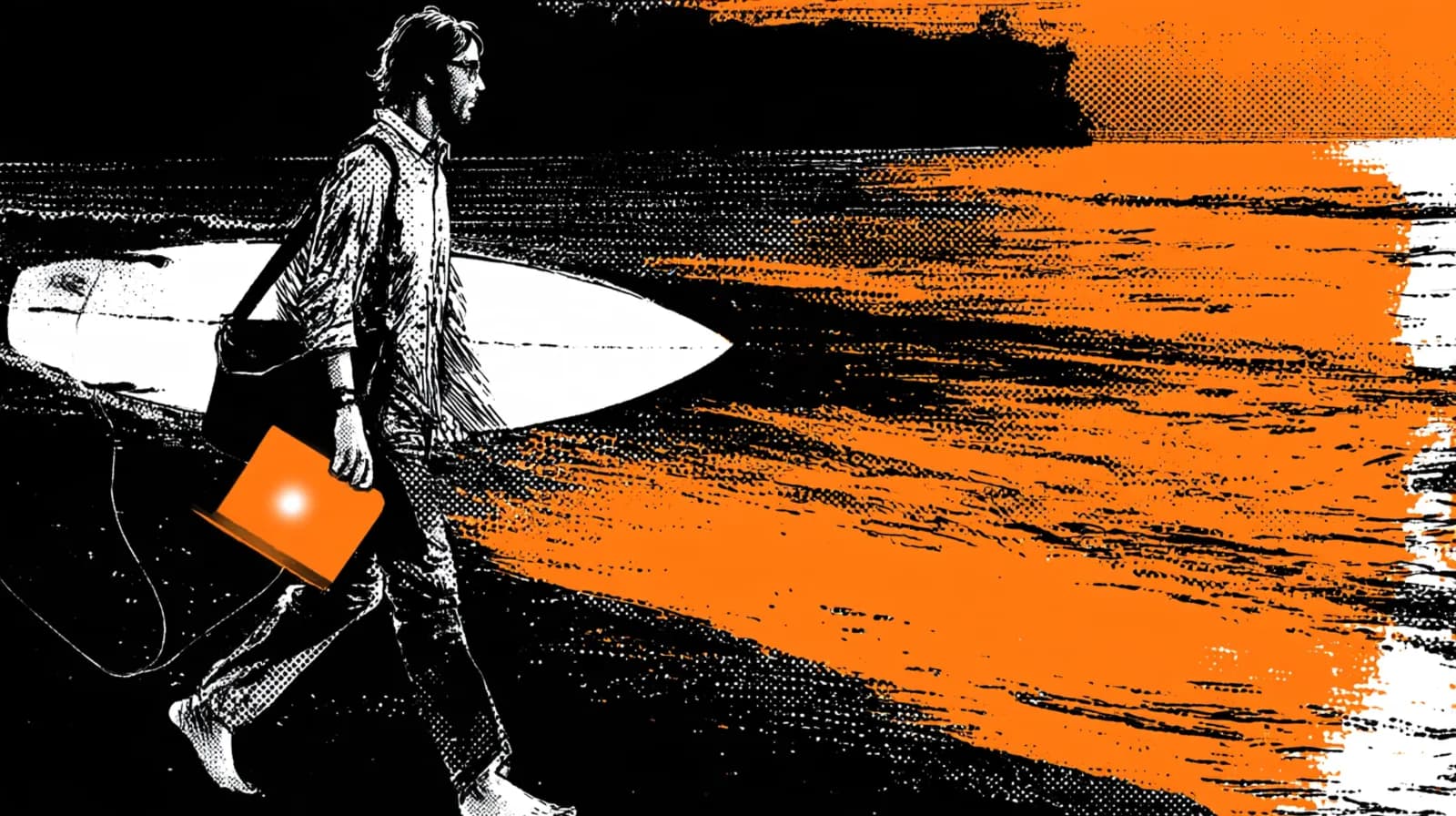 A founder walking barefoot on an empty Bali beach at sunrise, surfboard under arm, laptop bag on shoulder, drawn in black ink with orange accents
