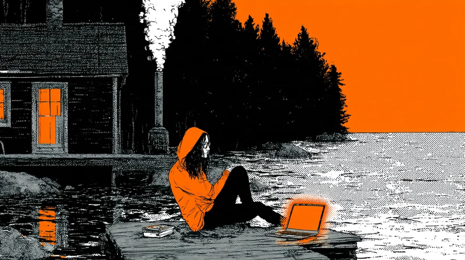A woman founder sits on a wooden jetty by a lakeside cabin, working on a laptop, drawn in black ink with orange accents