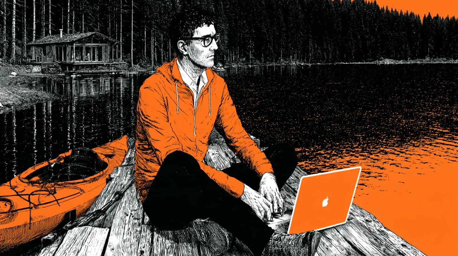 A founder in an orange hooded jacket and glasses sits on a weathered wooden dock by a forest lake, an orange kayak alongside and an orange laptop on the planks, a cabin among the pines behind, drawn in black ink with orange accents