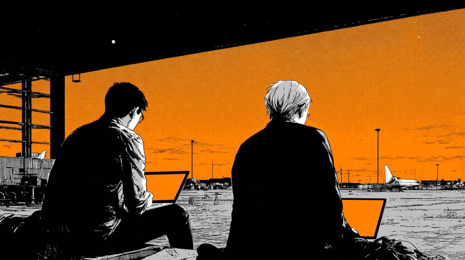 Two founders work on laptops at an airport gate at dusk, a plane waiting outside