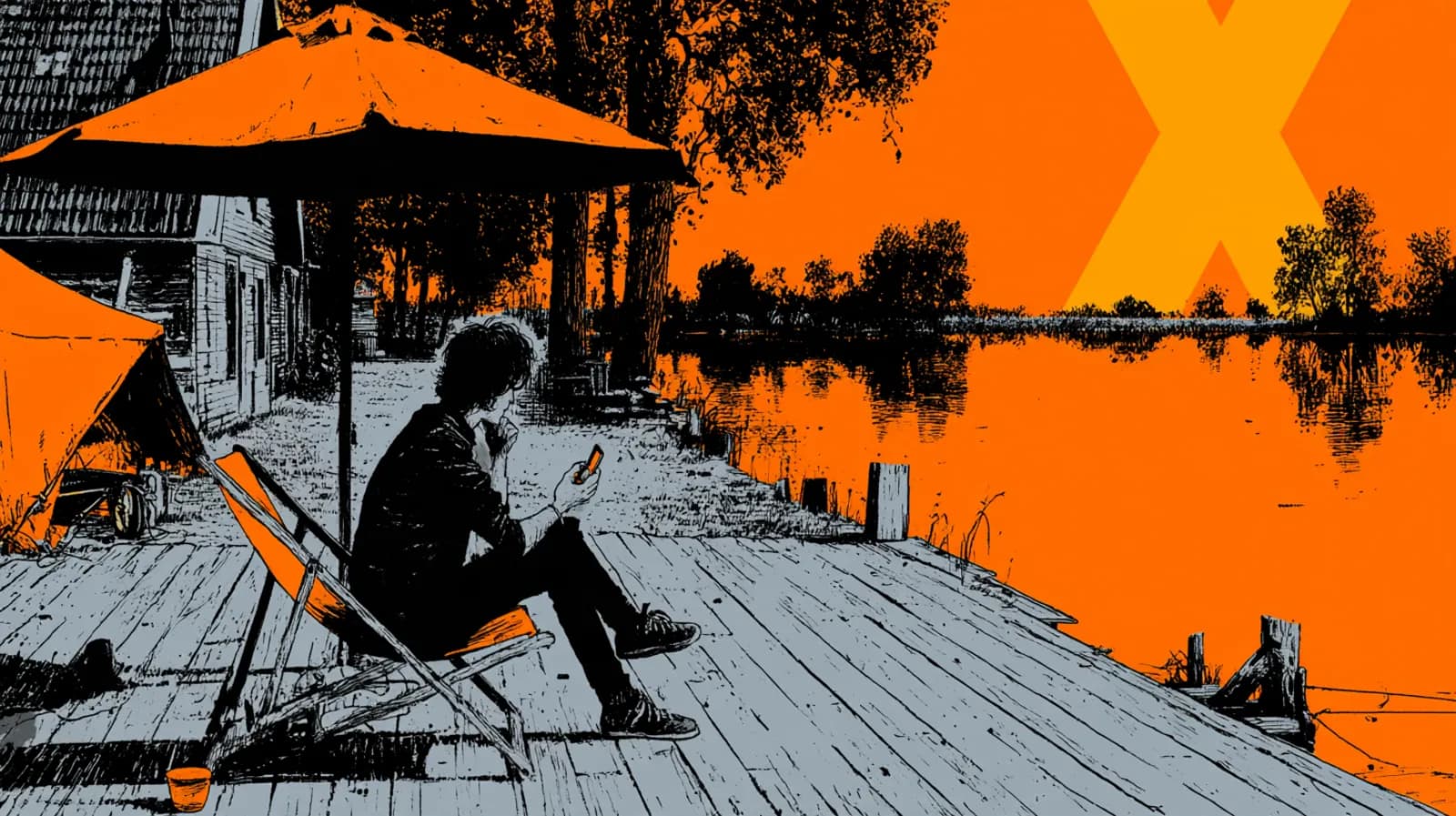 A founder sits in a deck chair on a wooden dock by a lake, checking a phone, with a large X in the orange sky