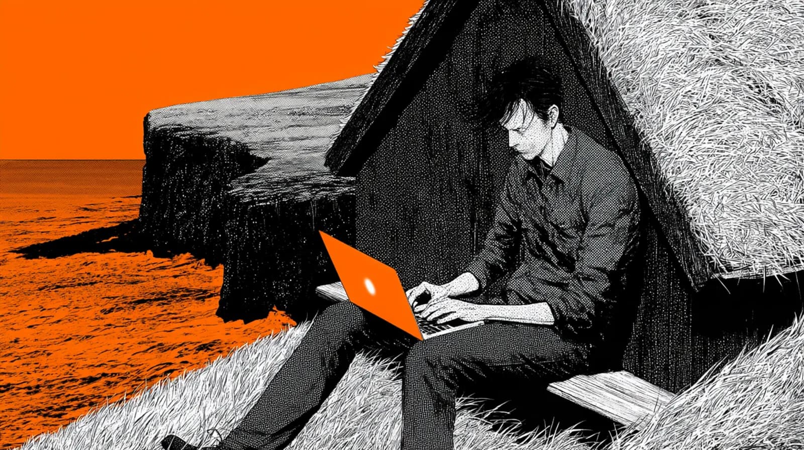 A founder on a wooden bench against a grass-roof hut above sea cliffs, typing on an orange laptop, drawn in black ink with an orange sky and sea