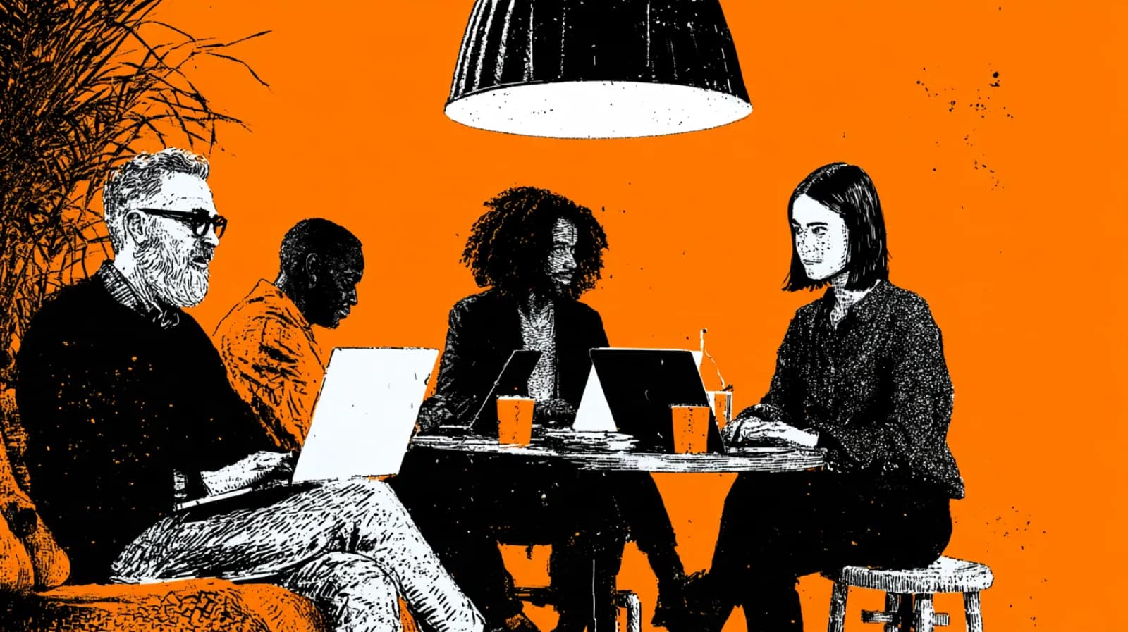 Four founders work on laptops around a table under a big lamp