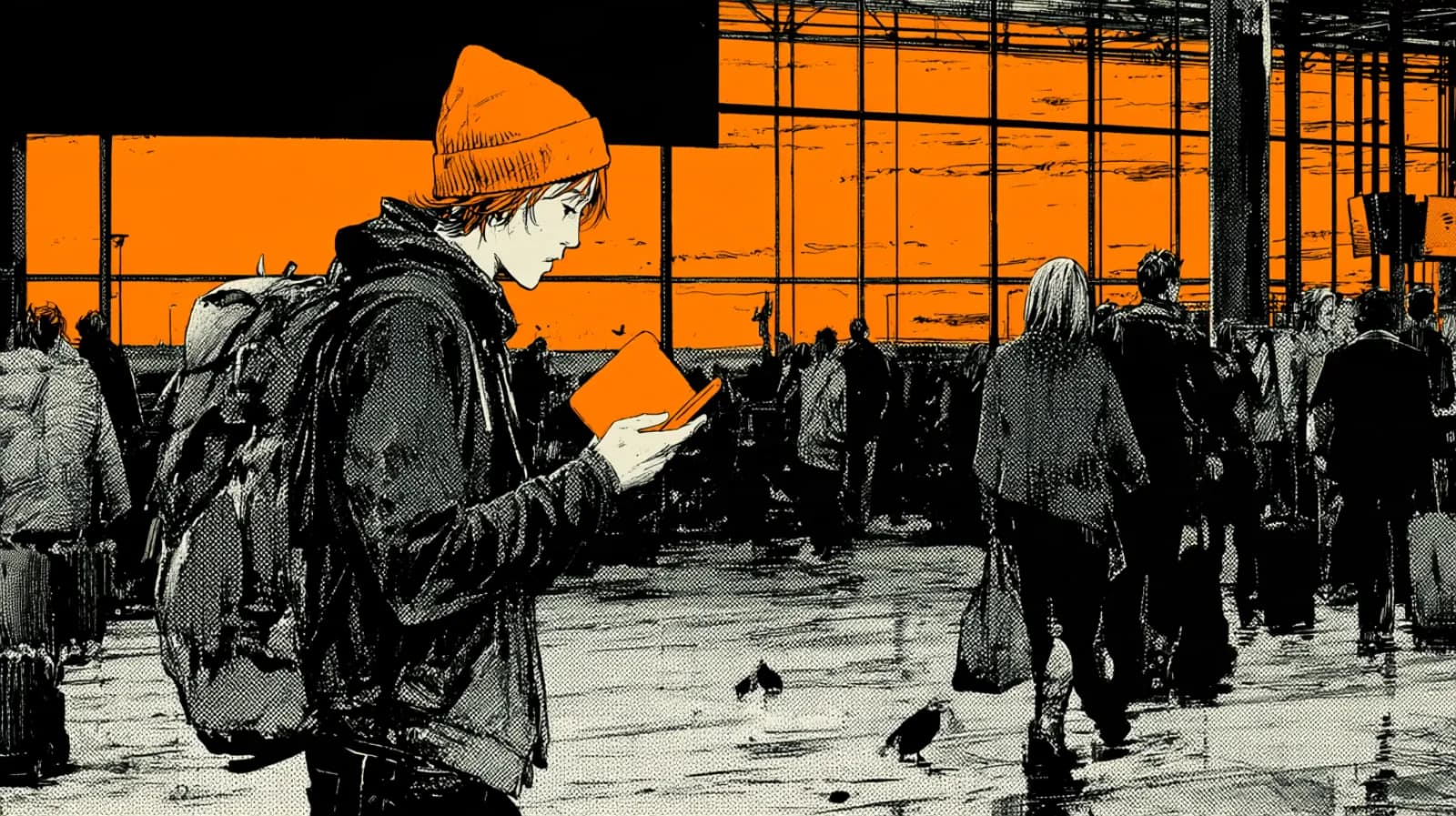 A founder in an orange beanie checks a phone in a busy airport hall