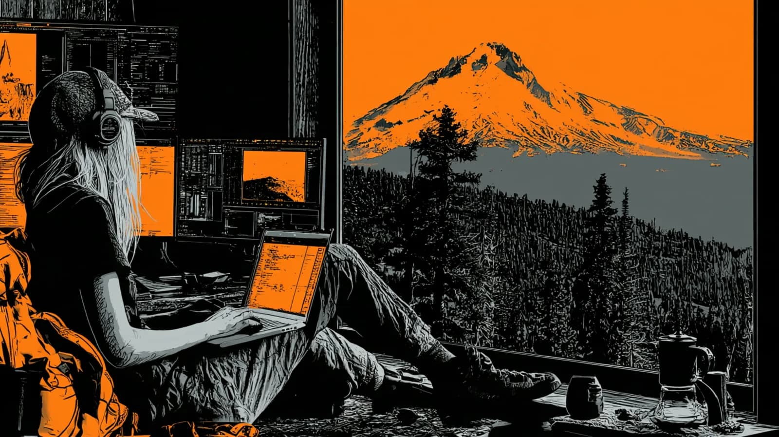 A founder in headphones works on a laptop by a cabin window, screens glowing orange, with a snowy mountain outside
