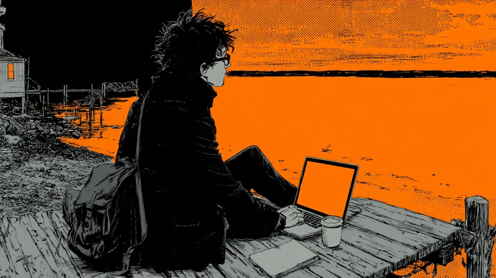 A founder works on a laptop at the end of a wooden dock at sunset